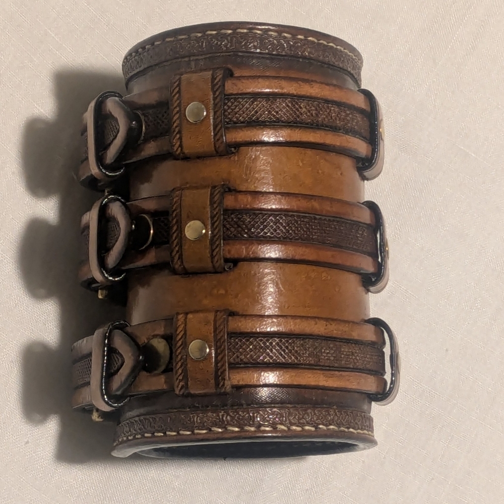 Hand tooled Wide Leather Cuff Bracelet with Triple Straps - Picture 5 of 12